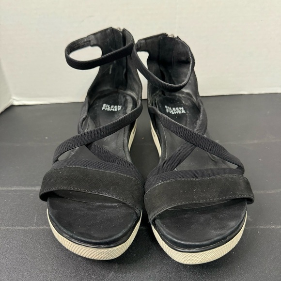 Eileen Fisher Sola Black Nubuck Criss Cross Ankle Strap Heel Zipper Sandals - Picture 3 of 9
